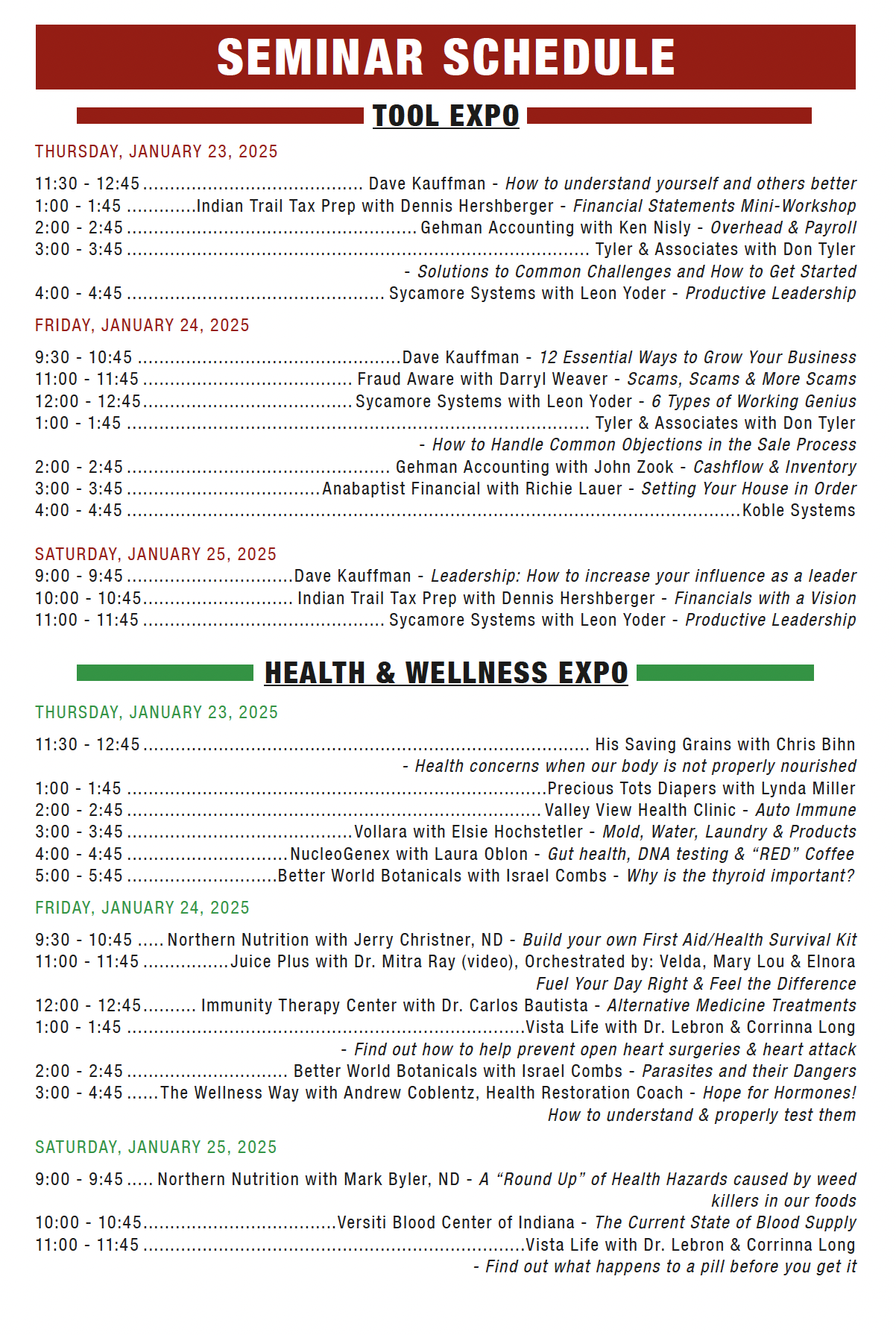 2025 Midwest Tool Expo and Health & Wellness Seminar Schedule